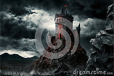 Dark fantasy ancient fortress castle tower in melancholic landscape with dead trees Stock Photo