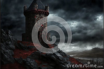 Dark fantasy ancient fortress castle tower in melancholic landscape with dead trees Stock Photo