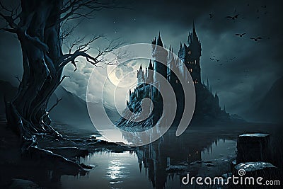 Dark fantasy landscape with a gloomy castle Stock Photo