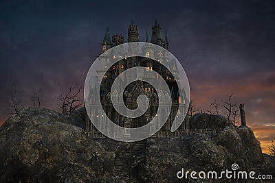 Dark fantasy mysterious gothic vampire castle on a misty mountain after sunset. 3D rendering Cartoon Illustration
