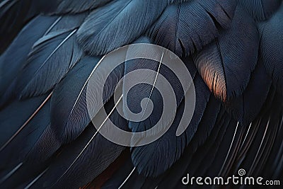 Dark Feathers Overlap Creating Textured Pattern, Soft Light and Shadow Play. Avian Elegance Stock Photo