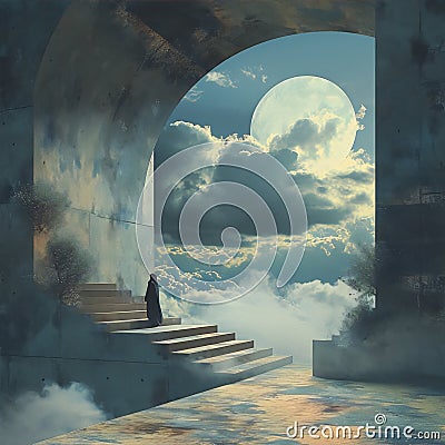 A dark figure in a long cloak stands on a staircase in a vast, concrete structure, looking out at a cloudy sky and a large moon. Stock Photo