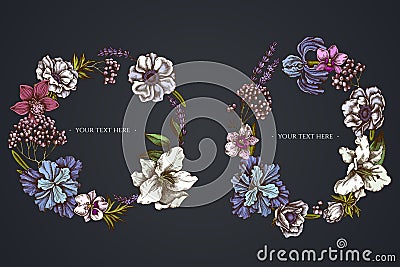 Dark Floral Wreath of anemone, lavender, rosemary everlasting, phalaenopsis, lily, iris Vector Illustration