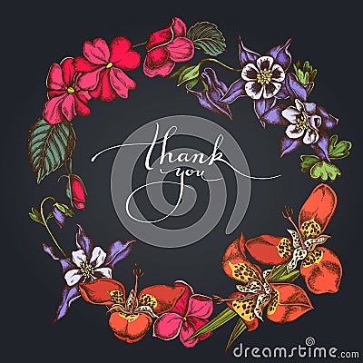 Dark Floral Wreath of impatiens, tigridia, aquilegia Vector Illustration
