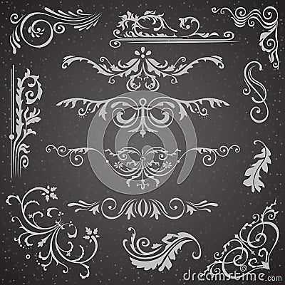 Dark Flourish Border Corner and Frame Elements Collection. Vector Card Invitation. Victorian Grunge Calligraphic Vector Illustration