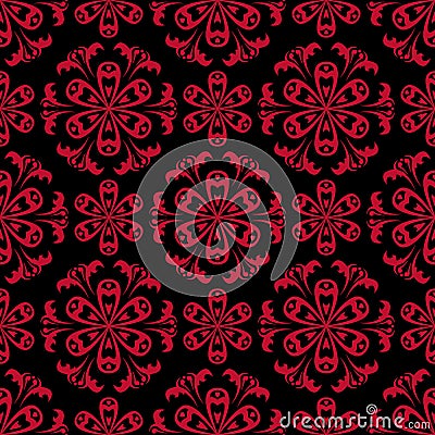 Dark flower seamless background. Black and red ornaments Vector Illustration