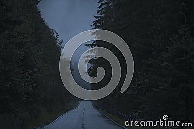 Dark Foggy and Rainy Road Stock Photo