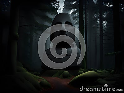 dark forest with a evil stone statue in the mountains Stock Photo