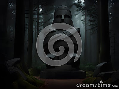 dark forest with a evil stone statue in the mountains Stock Photo