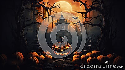 Dark forest with scary pumpkins and church on Halloween night, flayer Stock Photo