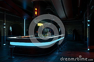 Dark futuristic alien drinks bar interior. Science fiction or cyberpunk fantasy 3D irendering Cartoon Illustration