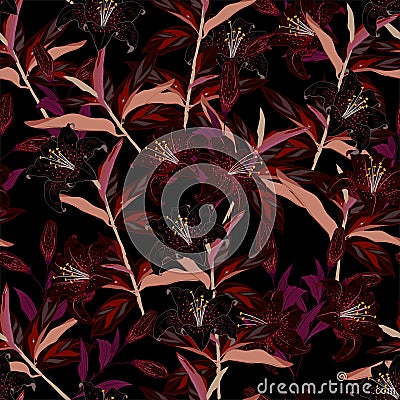 Dark garden night blooming lily flowers botanical seamless patt Stock Photo