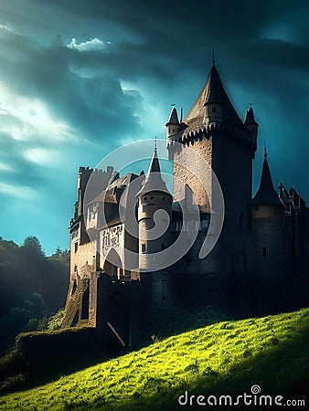 Dark gloomy fictional fantasy medieval fortress in the hills or mountains Cartoon Illustration