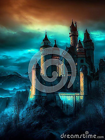 Dark gloomy fictional fantasy medieval fortress in the hills or mountains Cartoon Illustration