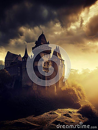 Dark gloomy fictional fantasy medieval fortress in the hills or mountains Cartoon Illustration