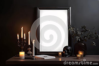 Dark gothic vertical frame mockup with book and skull Stock Photo