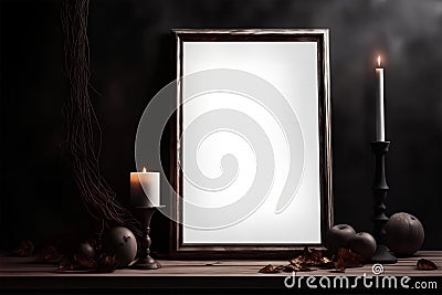 Dark gothic vertical frame mockup on the table with candles Stock Photo