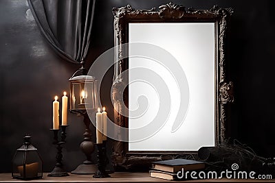 Dark gothic vertical frame mockup on the table with candles Stock Photo