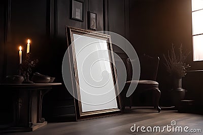 Dark gothic vertical frame mockup on wood floor Stock Photo