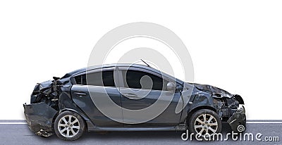 Dark gray color car damaged and broken by accident isolate on white background.. Car crash Stock Photo