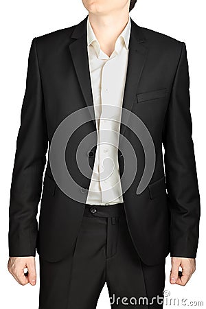 Dark gray evening suit, unfastened blazer, white shirt, no tie. Stock Photo
