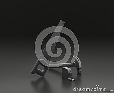 Dark gray hammer, table measure, hand saw and a vice on black background, single color workshop tool, 3d rendering Stock Photo