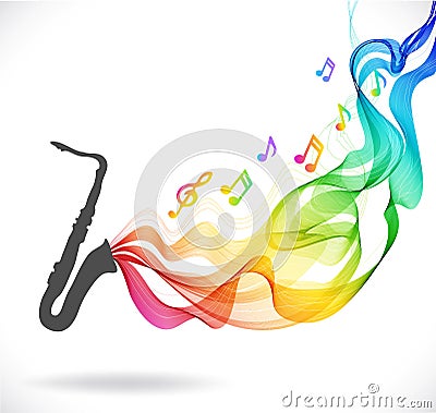 Dark gray saxophone icon with color abstract wave Vector Illustration