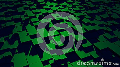 Dark green abstraction with moving square elements, cold light and shadows. Beautiful, voluminous texture. 3D image Stock Photo