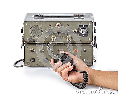 Dark green amateur ham radio holding in hand on white background Stock Photo