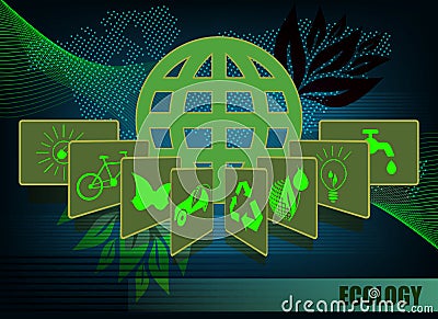 Dark green background with ecology symbols Vector Illustration