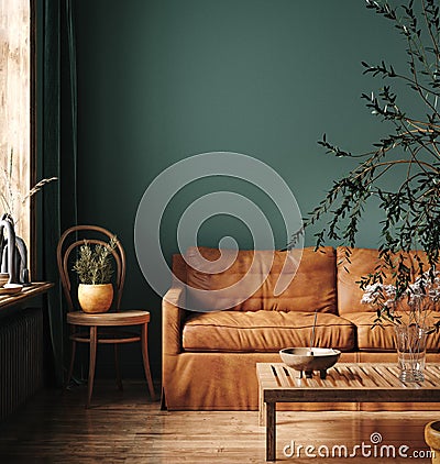 Dark green home interior with old retro furniture Stock Photo