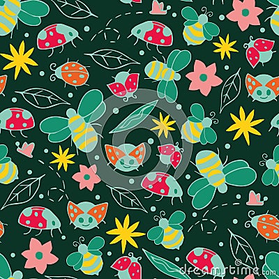 Dark green Ladybugs and bees seamless pattern background. Cartoon ladybirds and bees flying. Doodle bugs pattern. Vector Illustration