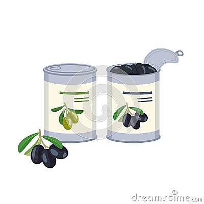 Dark and green olives in open and closed tin. Vector Illustration