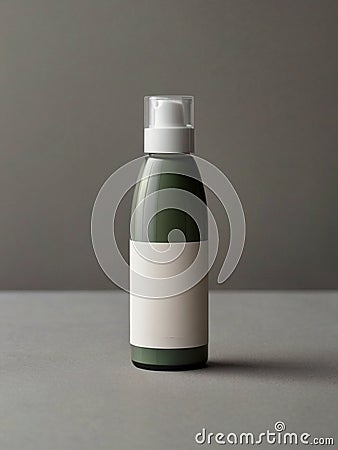 A dark green pump bottle with a white label sits on a gray surface in front of a gray background. Stock Photo