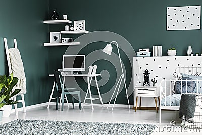 Dark green teenager room interior with a desk, chair, computer, Stock Photo