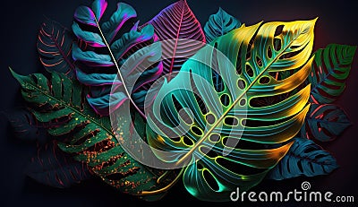 Dark green tropical leaves colorful neon light, backlight, leaves composition, plant background, manstera, palm leaves Stock Photo