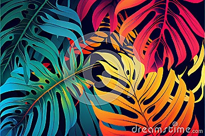 Dark green tropical leaves colorful neon light, backlight, , manstera, palm. Generative AI Stock Photo