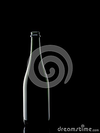 Dark green wine bottle, on black background. Minimalistic. Stock Photo