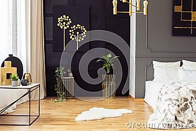 Dark grey bedroom interior with fur rug, gold accessories, simple painting and window with curtains in the real photo Stock Photo