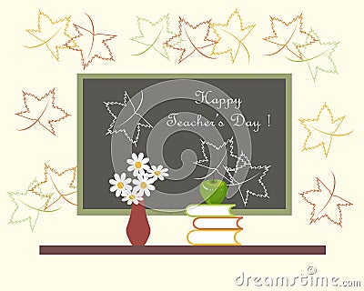 Dark grey blackboard with white lettering Happy Teachers Day, red vase with white flowers, green Apple on books Vector Illustration