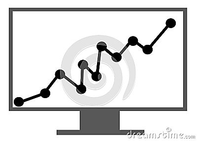 A dark grey computer display monitor showing increasing statistics line chart trend white backdrop Cartoon Illustration
