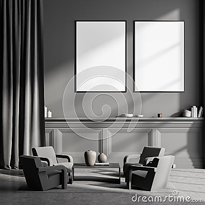 Dark grey waiting room wall with two banners above seating area Stock Photo