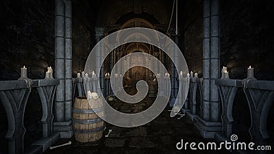 Dark grungy corridor leading to a closed wooden door in a medieval dungeon. 3D rendering Cartoon Illustration
