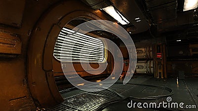 Dark grungy underground sci-fi industrial environment in a fantasy dystopian future. 3D illustration Stock Photo