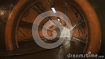 Dark grungy underground tunnel in a fantasy dystopian future industrial building. 3D rendering Cartoon Illustration