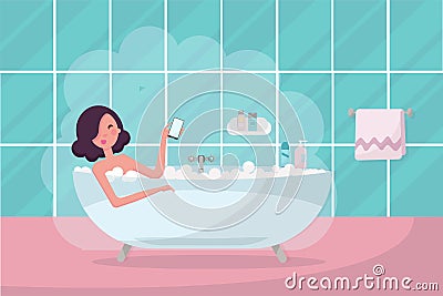 Dark hair girl in bathtub with smartphone in her hand. Bathroom interior with towel and steam. Pretty woman relaxing, taking a Vector Illustration