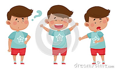 Dark Haired Boy Wearing Red Shorts Showing Different Emotions Vector Illustration Vector Illustration