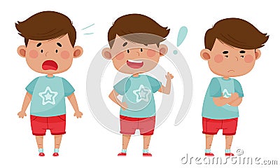 Dark Haired Boy Wearing Red Shorts Showing Different Emotions Vector Illustration Vector Illustration