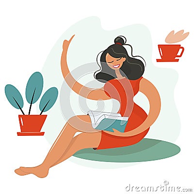 .Dark-haired brunette reading a clever book got a clever idea. The girl raises her index finger up. Significant gesture Vector Illustration