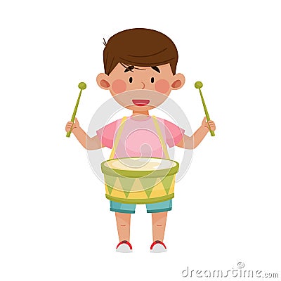 Dark Haired Little Boy Playing Drum Vector Illustration Vector Illustration